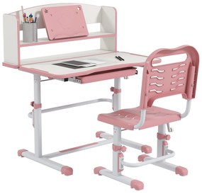 Set Birou si Scaun pentru Copii Reglabil in Inaltime cu Sertar, Raft pentru Carti, pentru 6-12 ani - Roz ZONEKIZ | Aosom Romania