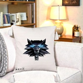 Perna Decorativa The Witcher Wolf Head, 40x40 cm, Bej cu Franjuri, Husa Detasabila, Perna Inclusa, BEKZ®