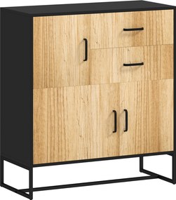HOMCOM Bufet Modern de  Depozitare cu 3 Dulapuri și 2 Sertare din Pal Melaminat și Oțel, 80x35x88 cm, Lemn Natural | Aosom Romania