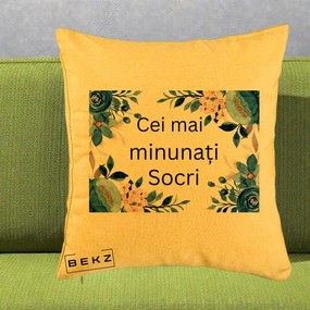 Cadou pentru Socri - Perna Personalizata Cei mai Minunati Socri cu Flori Albastre si Roz, 40x40 cm, Galben, Husa Detasabila, Perna Inclusa, BEKZ®