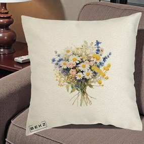 Perna Decorativa Buchet Camp Acuarela Margarete-Lavanda, 40x40 cm, Ecru, Husa Detasabila, Perna Inclusa, BEKZ®