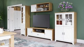 Mobilier dulap de perete PROVENZA Stejar Piatră/Alb Mat - COMODĂ MARE TV COMODĂ CU VITRINĂ ȘI RAFTURI PENTRU LIVING RETRO