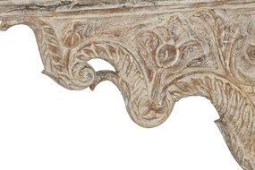 Consolă hol sculptată din lemn, natur, cu raft, friză florală, arcade polilobate și stâlpi sculptați, 91 x 233 x 47 cm, „Imperial”