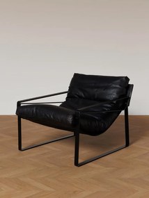 Fotoliu din piele naturală neagră cu structură metalică, „Gabor”