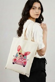 Sacosa de Panza pentru Cumparaturi, Geanta Tote, model Chihuahua the Driver, 38x34.5 cm, Alba, BEKZ®