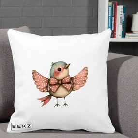 Perna Decorativa Pasare Roz cu Aripi si Fundita, 40x40 cm, Alba Mata, Husa Detasabila, Perna Inclusa, BEKZ®