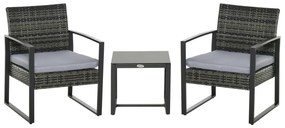 Set de mobilier de grădină Outsunny din ratan pentru 2 persoane, Set de mobilier de balcon din poliratan, Set de mobilier de balcon cu pernuțe, Grădină Gri | Aosom Romania