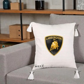 Perna Personalizata cu emblema Lamborghini, 40x40 cm, Bej cu Franjuri, Husa Detasabila, Perna Inclusa, BEKZ®