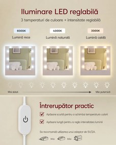 Masuta machiaj pentru Colt cu Oglinda LED si 8 Sertare pentru Cosmetice, Set Masa toaleta Alba, masuta cosmetica, vanity cu Priza si USB - SEA16