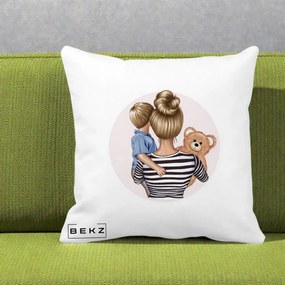 Cadou pentru Mama - Perna Personalizata Mama si Baietelul cu Ursulet, 40x40 cm, Alba Mata, Husa Detasabila, Perna Inclusa, BEKZ®