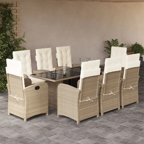vidaXL Set de masă pentru grădină, 9 piese, cu perne, bej, poliratan