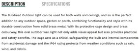 Aplica de perete iluminat exterior traditional IP64 Bulkhead