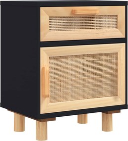 vidaXL Noptieră, negru, lemn masiv de pin și ratan natural