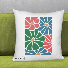 Perna Decorativa Flori Grafice Verde-Roz-Albastru, 40x40 cm, Alb Pufos, Husa Detasabila, Perna Inclusa, BEKZ®