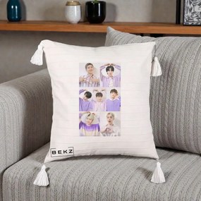 Perna Personalizata K-pop BTS Colaj 7 Portrete cu Inimi Lila, 40x40 cm, Bej cu Franjuri, Husa Detasabila, Perna Inclusa, BEKZ®