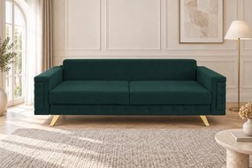 Canapea extensibilă Rosalia din stofă, verde, picioare aurii, cu ladă de depozitare
