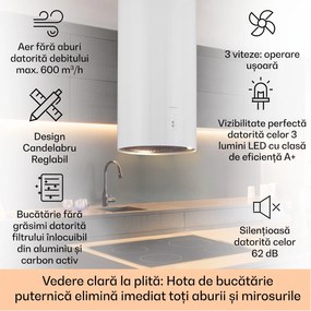Klarstein Bolea, hota tip insulă, Ø38cm, mod de recirculare/extracție a aerului, 651m³/h, LED, inclusiv filtre de cărbune activ