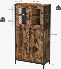 Bufet cu 4 usi Vasagle, 60x30x108 cm, PAL/otel/sticla, maro rustic