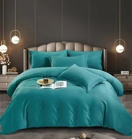 Set 10 Lenjerii Horeca, Pat Dublu, 100% Damasc Premium, 6 Piese - Turcoaz