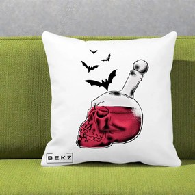 Perna Decorativa Halloween Craniu-Sticla cu Lilieci, 40x40 cm, Alba Mata, Husa Detasabila, Perna Inclusa, BEKZ®