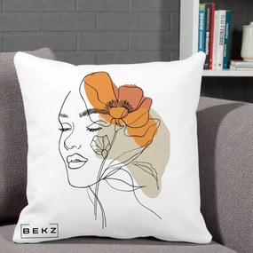 Perna Decorativa Portret Feminin Mac Mare Portocaliu, 40x40 cm, Alba Mata, Husa Detasabila, Perna Inclusa, BEKZ®