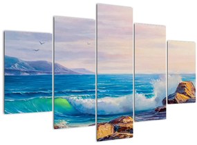 Tablou - Valuri lovind stânci, pictură în ulei (150x105 cm)