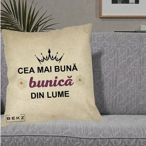Cadou pentru Bunica - Perna Personalizata Cea Mai Buna Bunica Din Lume Coroana Mov Flori, 40x40 cm, Crem, Husa Detasabila, Perna Inclusa, BEKZ®
