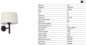 Aplica de perete abajur textil WINDSOR negru, alb