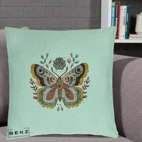 Perna Decorativa Fluture Boho Floral, 40x40 cm, Verde Menta, Husa Detasabila, Perna Inclusa, BEKZ®