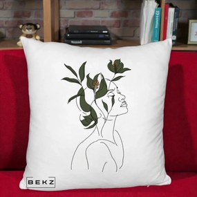 Perna Decorativa Portret Feminin Crin Verde, 40x40 cm, Alb Pufos, Husa Detasabila, Perna Inclusa, BEKZ®