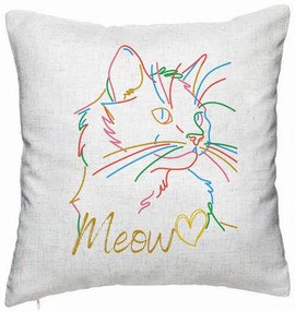 Perna Decorativa, Model Pisica Meow, 40x40 cm, Alb Murdar, Husa Detasabila, Burduf