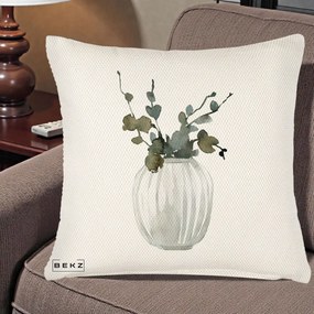 Perna Decorativa Vaza cu Eucalipt Watercolor, 40x40 cm, Crem Reliefat, Husa Detasabila, Perna Inclusa, BEKZ®