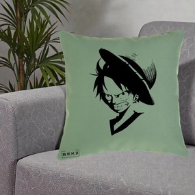 Perna Personalizata One Piece Luffy Silueta Alb-Negru, 40x40 cm, Verde, Husa Detasabila, Perna Inclusa, BEKZ®