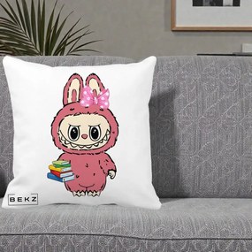 Perna Personalizata Labubu Roz cu Funda si Carti, 40x40 cm, Alba Mata, Husa Detasabila, Perna Inclusa, BEKZ®