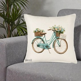 Perna Decorativa Bicicleta Teal cu Cosuri Duble de Flori Vintage, 40x40 cm, Crem Reliefat, Husa Detasabila, Perna Inclusa, BEKZ®
