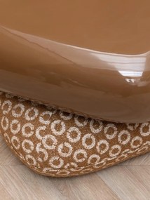 Puf rotativ cu blat din lemn lăcuit camel și bază tapițată bej, folosit și ca măsuță auxiliară, stil anii ‘60–‘70, 37 x 49,5 x 56 cm, „Oreal”