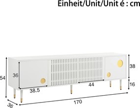 Comodă TV cu front din plasă metalică și accente aurii, 4 uși, 170x36x54 cm, Alb