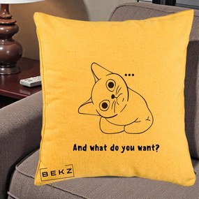 Perna Decorativa And What Do You Want Cat, 40x40 cm, Galben, Husa Detasabila, Perna Inclusa, BEKZ®