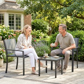 Outsunny Set masă și scaune pentru terasă exterior 3 piese cu 2 scaune din Textilene, masă din sticlă securizată, gri deschis | Aosom Romania