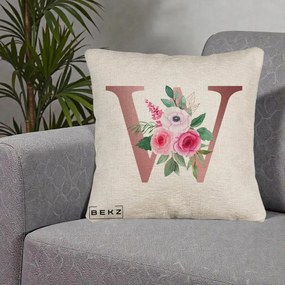 Cadou Personalizat - Perna Personalizata Monograma Rose Gold Litera W cu Trandafiri si Anemona, 40x40 cm, Bej Canapea, Husa Detasabila, Perna Inclusa, BEKZ®