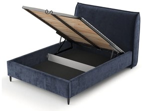 Pat matrimonial albastru închis tapițat cu spațiu de depozitare cu somieră 140x200 cm Shell – Maison de Rêve