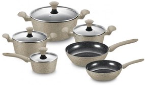 Set de oale si tigai Royalty Line FD10, 10 piese, Aluminiu turnat, Acoperire din marmura Greblon, Inductie, Bej