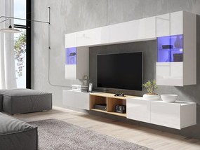 Camera de zi Providence B142Alb lucios, Alb, Stejar auriu, Cu componente suplimentare, Părți separate, Cu comodă tv, PAL laminat, Sticlă, 300x43cm, 118 kg