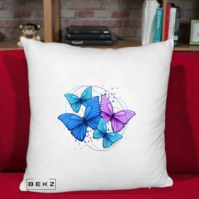 Perna Decorativa Patru Fluturi Turcoaz-Violet, 40x40 cm, Alb Pufos, Husa Detasabila, Perna Inclusa, BEKZ®