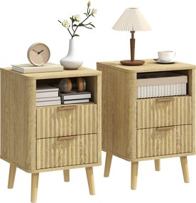 HOMCOM Set de 2 noptiere, noptiere cu 2 sertare și compartiment deschis, colțuri rotunjite, 40 x 40 x 61 cm, stejar | Aosom Romania