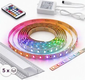 Set 1x bandă LED RGBW digitală, 16,5W/230V, 5 m + 5x profil încastrat 1 m + telecomandă
