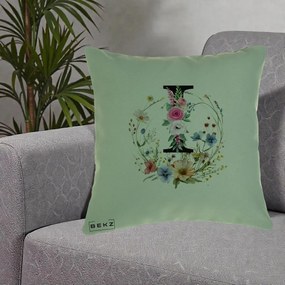 Cadou Personalizat - Perna Personalizata Monogram Litera I cu Flori Acuarela, 40x40 cm, Verde, Husa Detasabila, Perna Inclusa, BEKZ®
