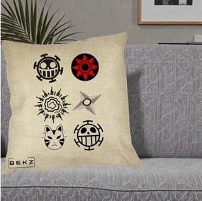 Perna Personalizata Simboluri Anime Mix - Naruto One Piece, 40x40 cm, Crem, Husa Detasabila, Perna Inclusa, BEKZ®