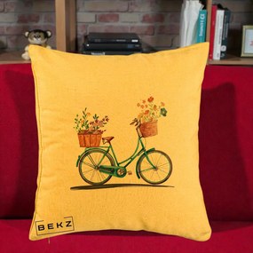 Perna Decorativa Bicicleta Florala Turcoaz Acuarela, 40x40 cm, Galben, Husa Detasabila, Perna Inclusa, BEKZ®