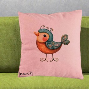 Perna Decorativa Pasare Ornamentala Folk Art, 40x40 cm, Roz, Husa Detasabila, Perna Inclusa, BEKZ®